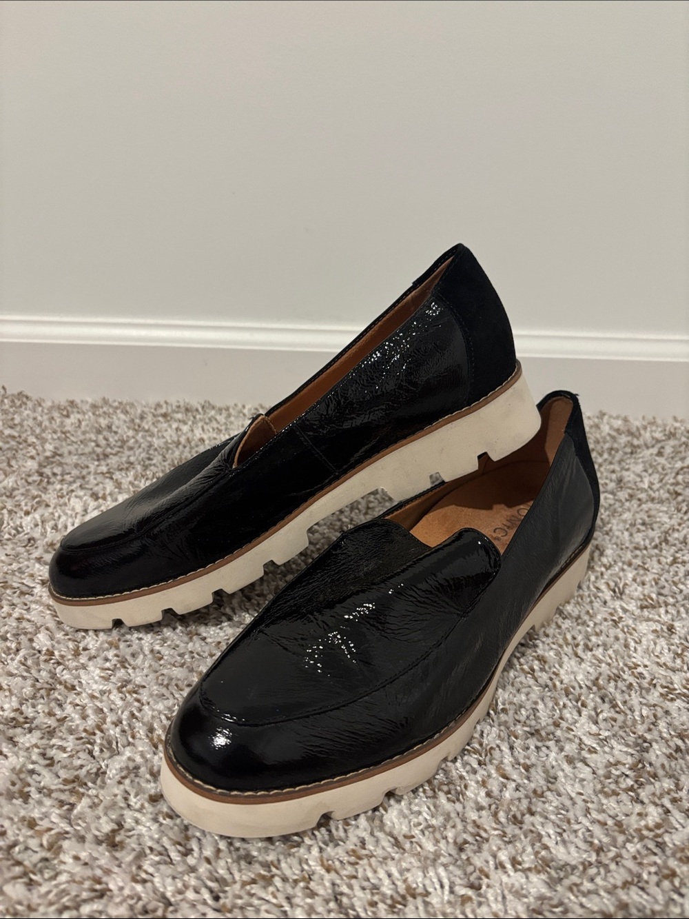 Vionic Black Patent Leather Women's Slip-On Loafers with Chunky Cream Sole